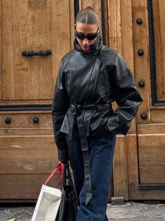 Luxury Faux Leather Trench Jacket – Cropped Fit